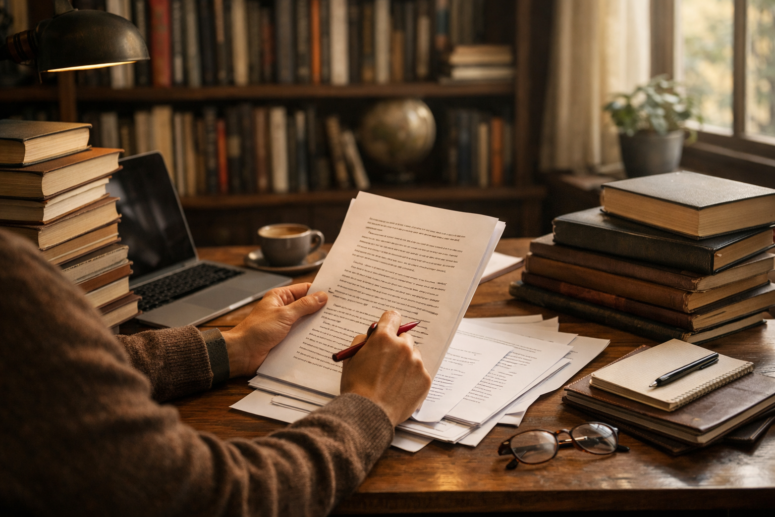 Author reviewing a manuscript at a desk, showing how to publish a book professionally