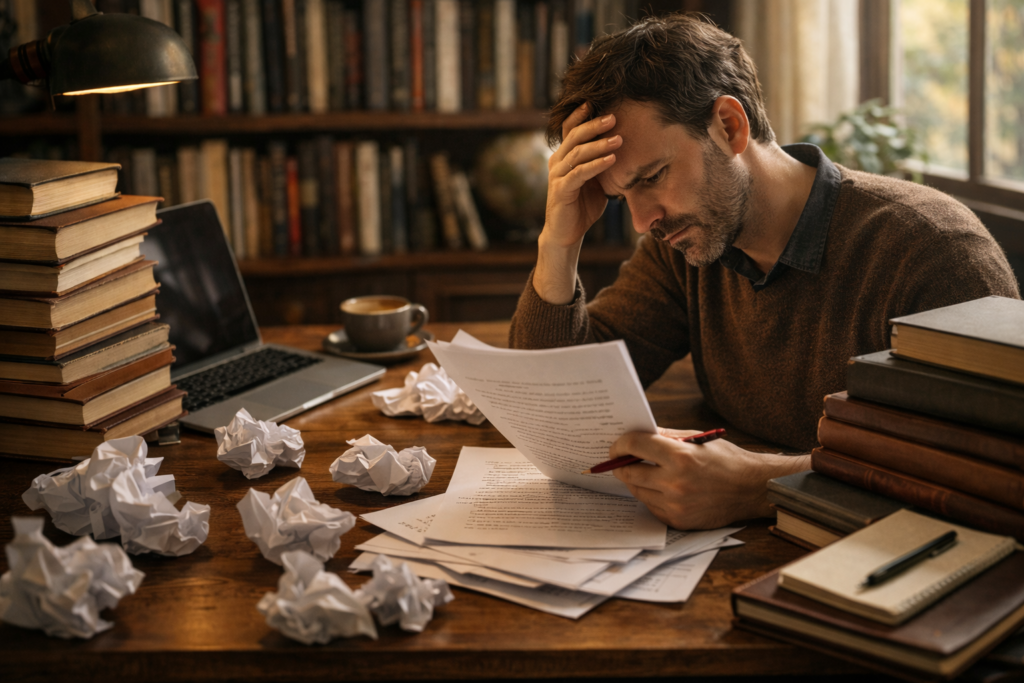 Author at a desk with papers and books, illustrating first-time author mistakes