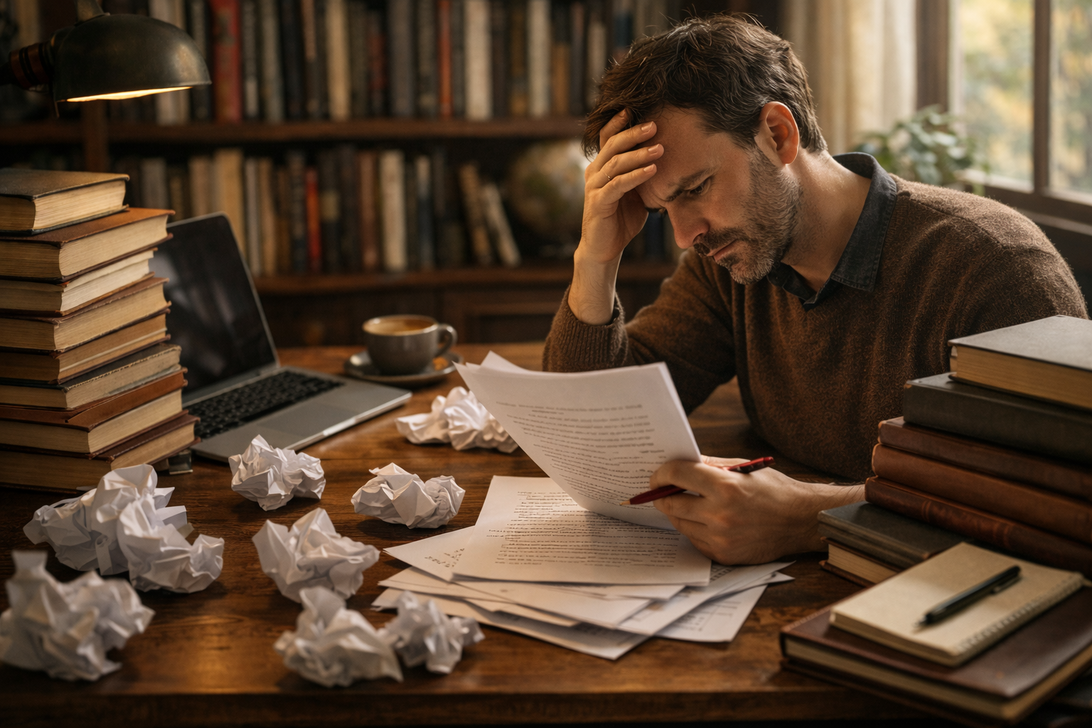 Author at a desk with papers and books, illustrating first-time author mistakes